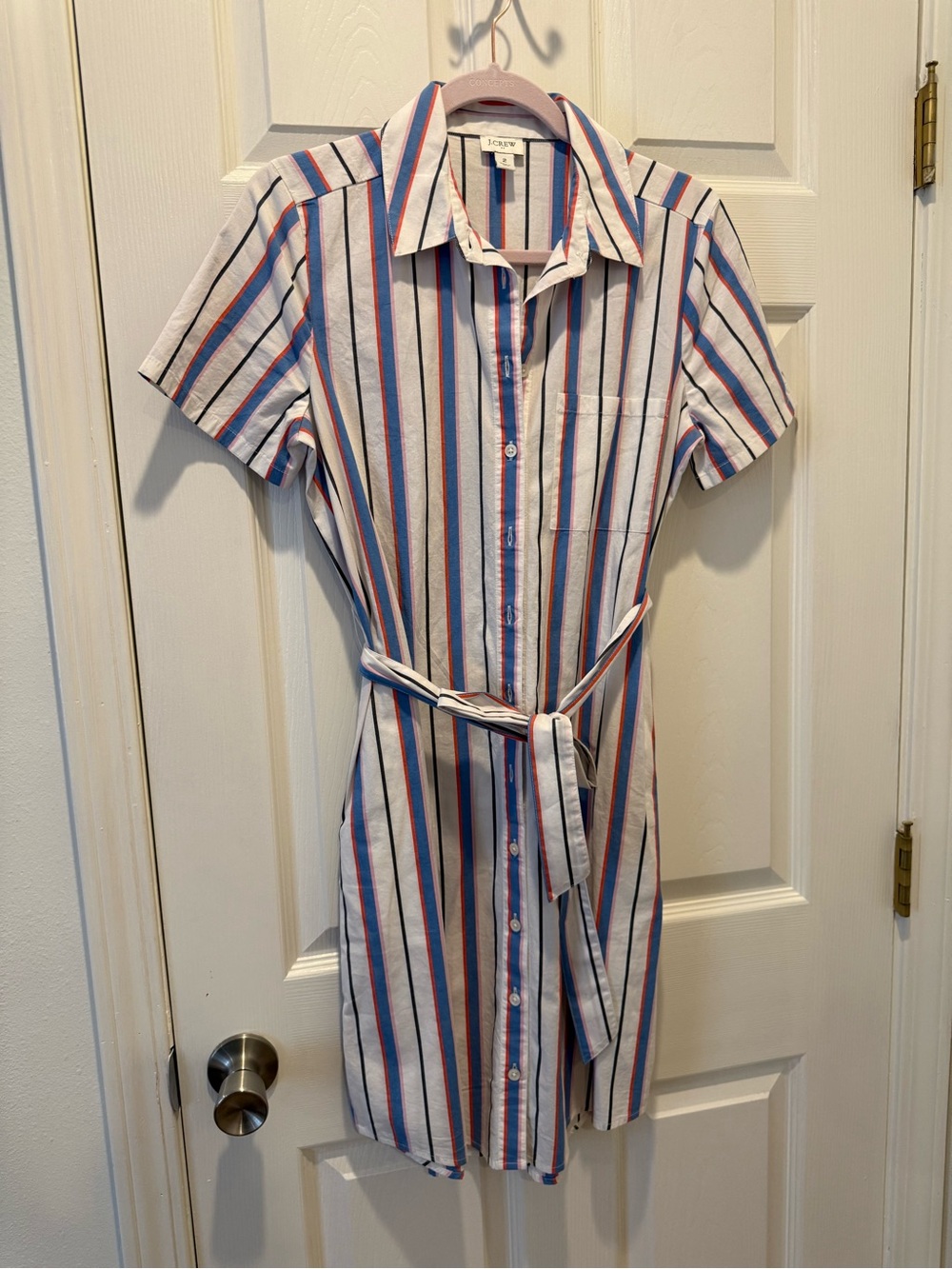 J. Crew White Shirt Dress with Blue & Red Stripes